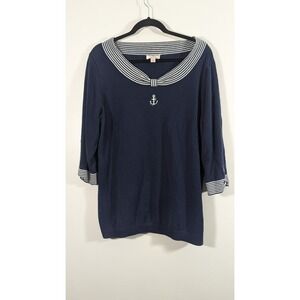 Quacker Factory Navy Anchor Nautical Sweater Top L Striped  Sailor 3/4 Sleeve
